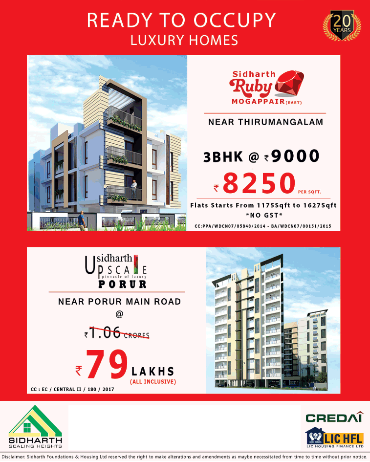 Ready to occupy luxury homes at Sidharth Upscale in Chennai Update