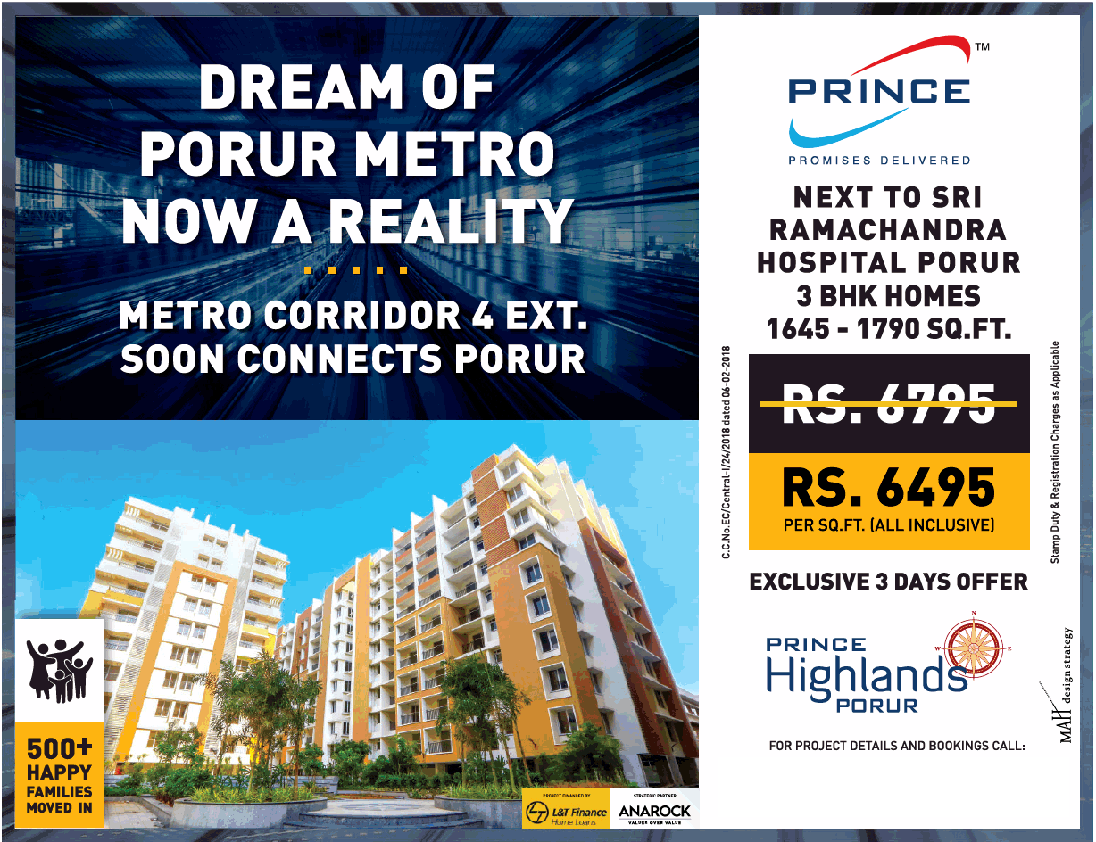 Book 3 BHK homes Rs 6495 per sqft at Prince Highlands Chennai Update
