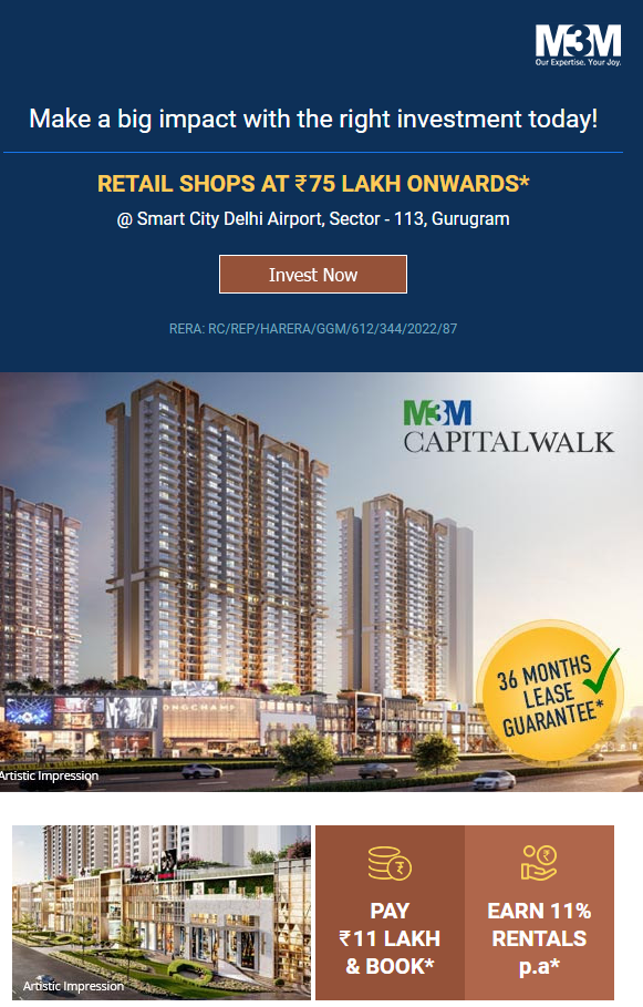 Retail shops price starts Rs 75 Lac onwards at M3M Capital Walk in Sector 113, Gurgaon Update
