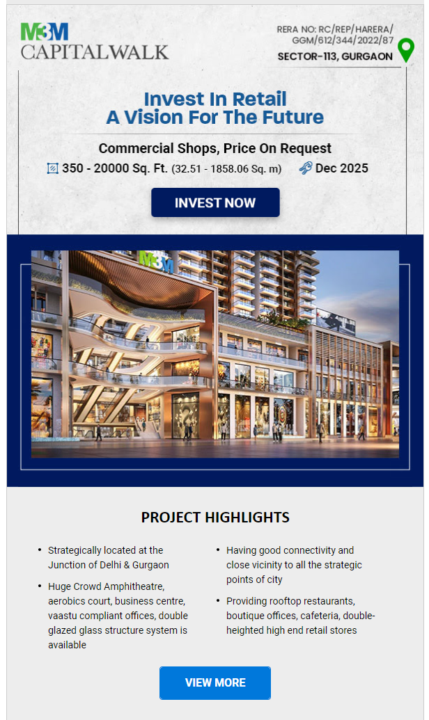 Boost your investment portfolio and earn more! own a commercial shops at M3M Capital Walk in Sector 113, Gurgaon Update