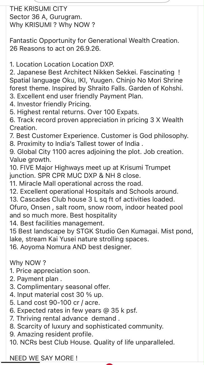 Explore 26 Reasons to Invest in Krisumi City, Gurugram || Act Now on Krisumi's Investment Opportunity || Discover Generational Wealth at Krisumi City Update