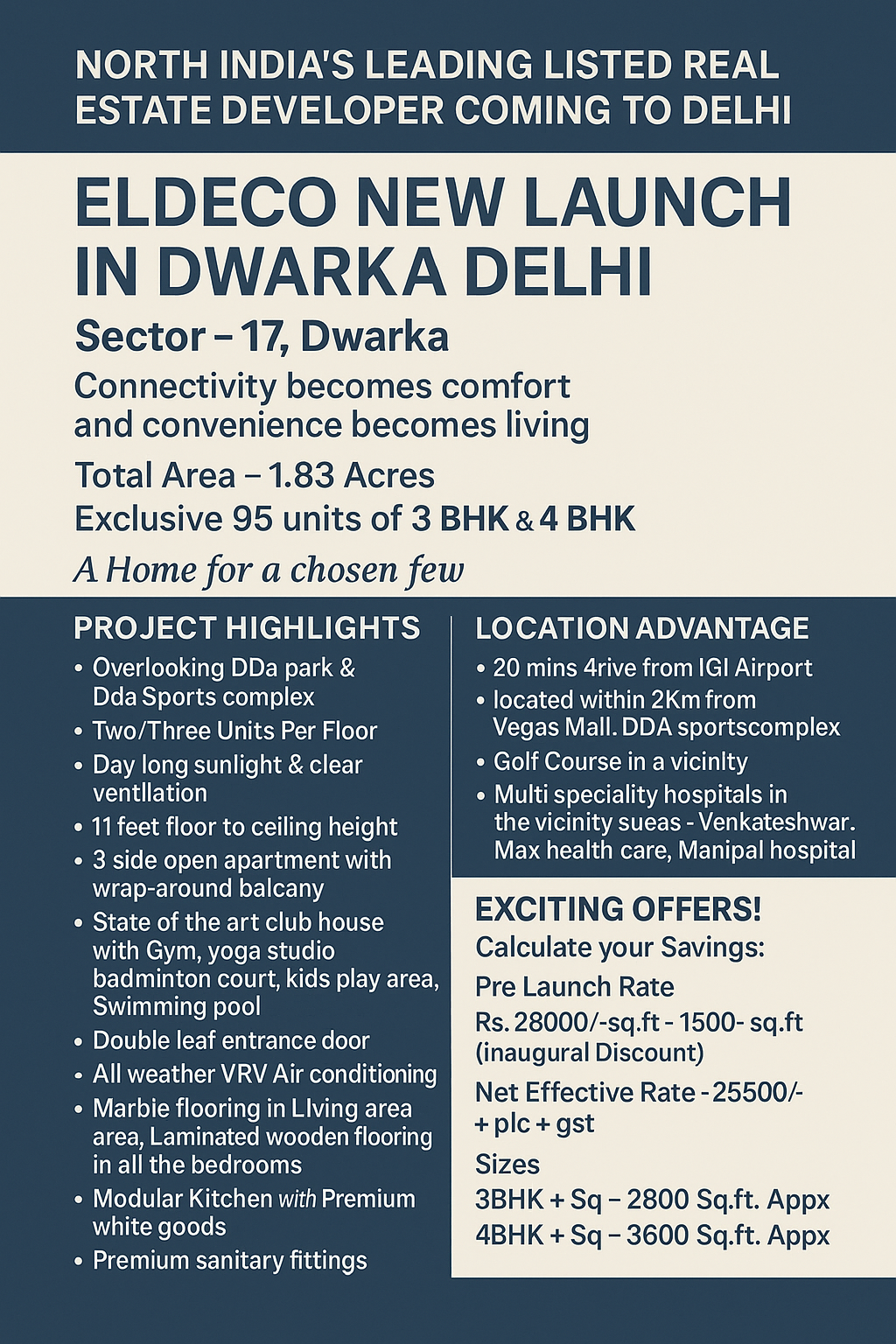 Eldeco New Launch in Dwarka Delhi, Sector 17 by North India's Leading Developer Update