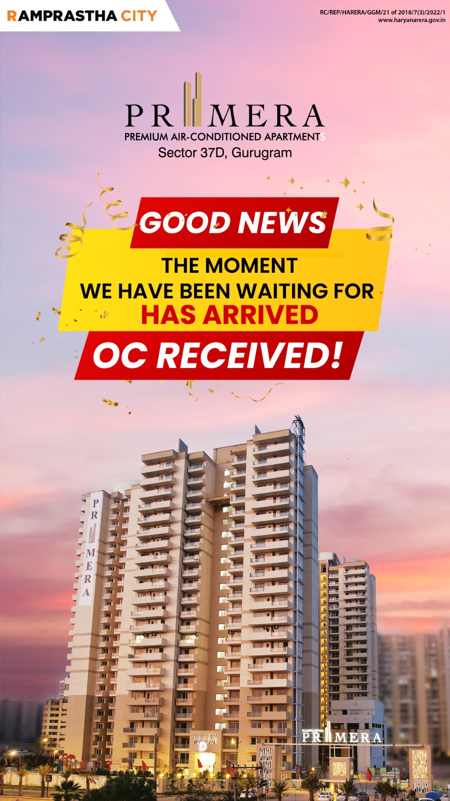 OC Received at Ramprastha Primera, in Sector 37D, Gurgaon Update