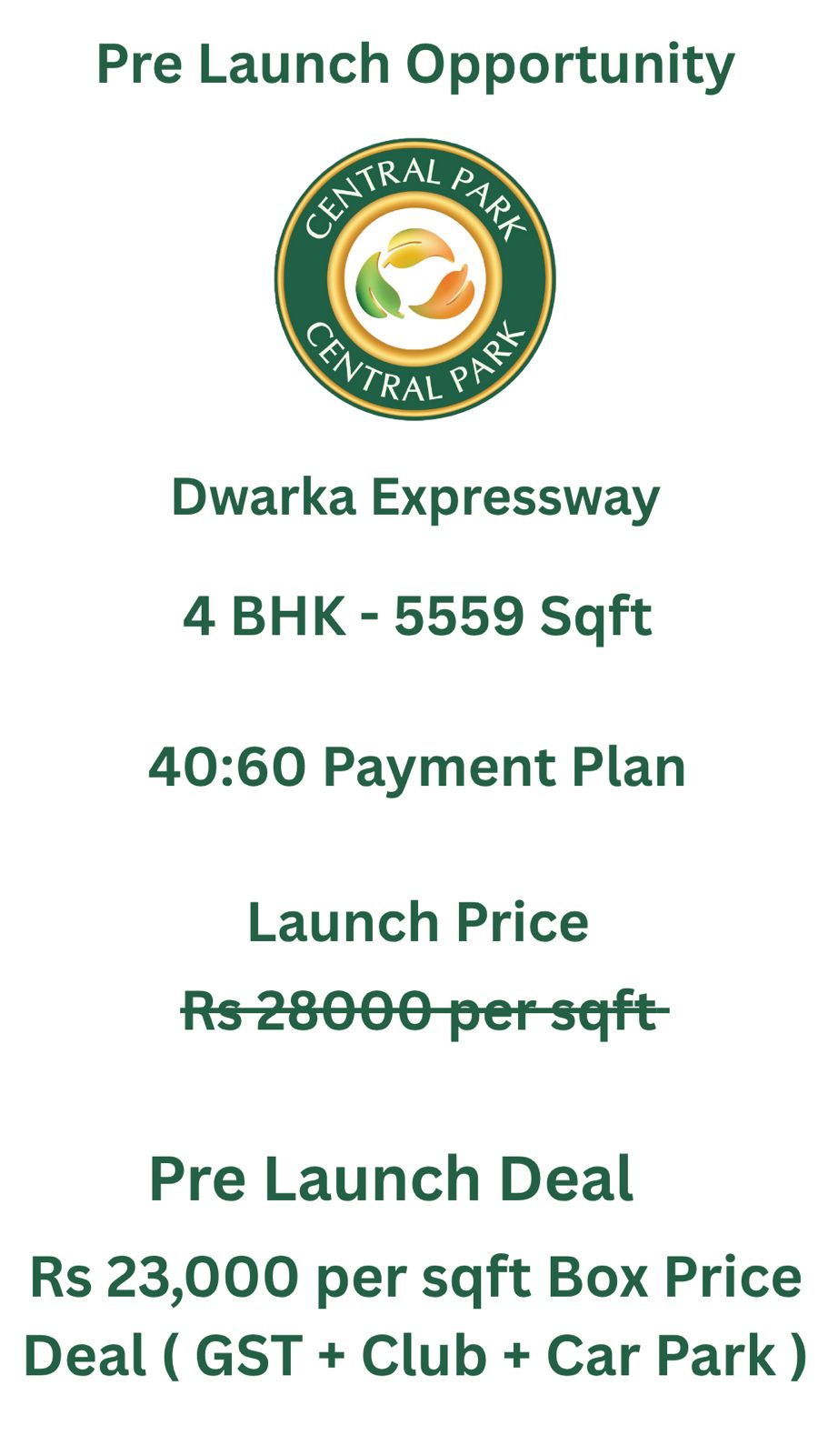 Central Park: Pre Launch 4 BHK, 5559 Sqft Flats at Rs 23,000/sqft on Dwarka Expressway Update