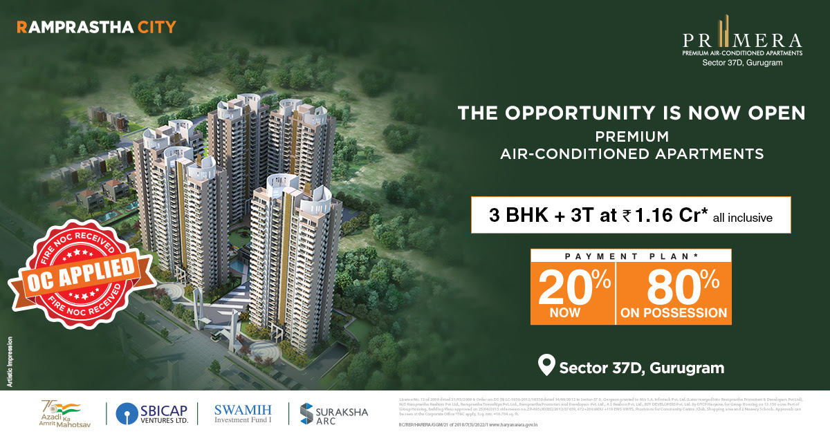 Book 3BHK + 3T homes Rs 1.16 Cr (all inclusive) at Ramprastha Primera, Gurgaon Update