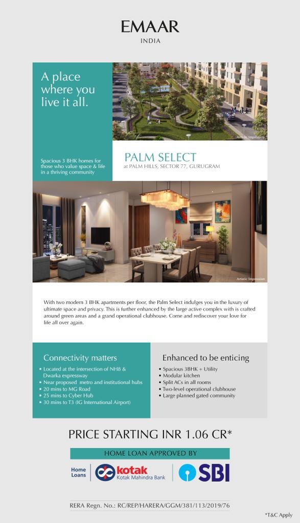 Spacious 3 BHK + Utility apartment at Emaar MGF Palm Hills in Sector 77, Gurgaon Update