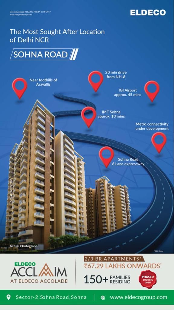 Eldeco Acclaim Offering 2/3 BR Apartments @ Rs 67.29 Lacs* in Sector 2, Sohna Update