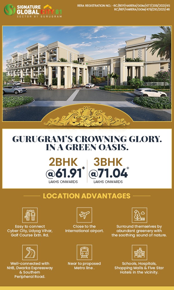 Presenting 2 and 3 BHK Ac premium floor at Signature Global City 81, Gurgaon Update