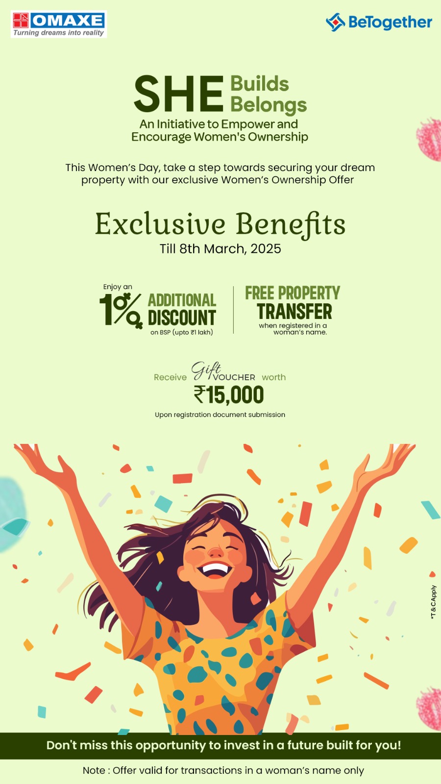 Omaxe's Exclusive Women's Ownership Offer, Up to 1% Discount, Free Transfer, Gift Voucher, Till March 8th, 2025 Update