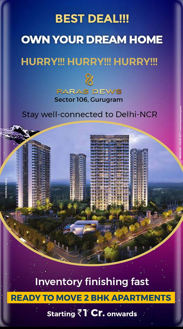 Ready to move 2 BHK apartments Rs 1 Cr onwards at Paras Dews, Sector 106, Gurgaon Update