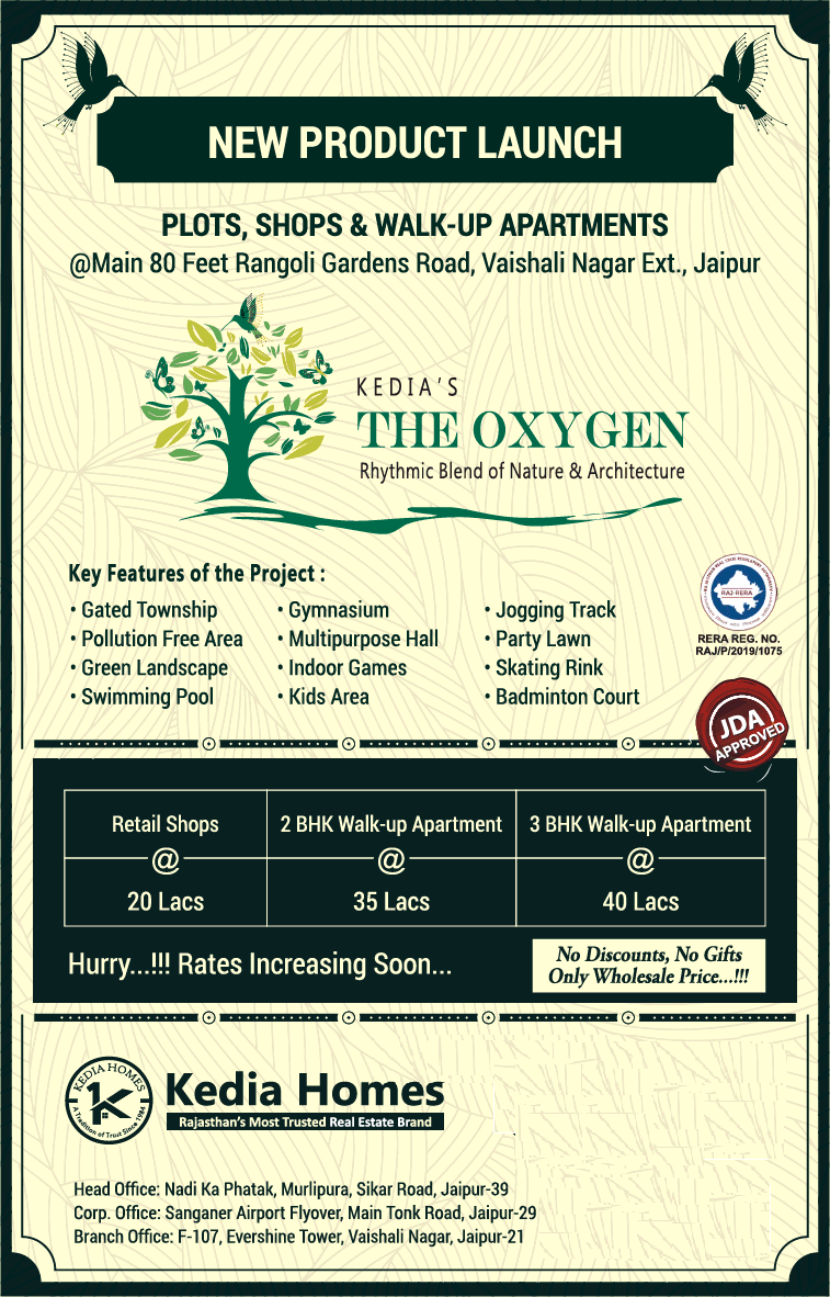 Plots shop and walk up apartments at Kedia The Oxygen, Jaipur Update