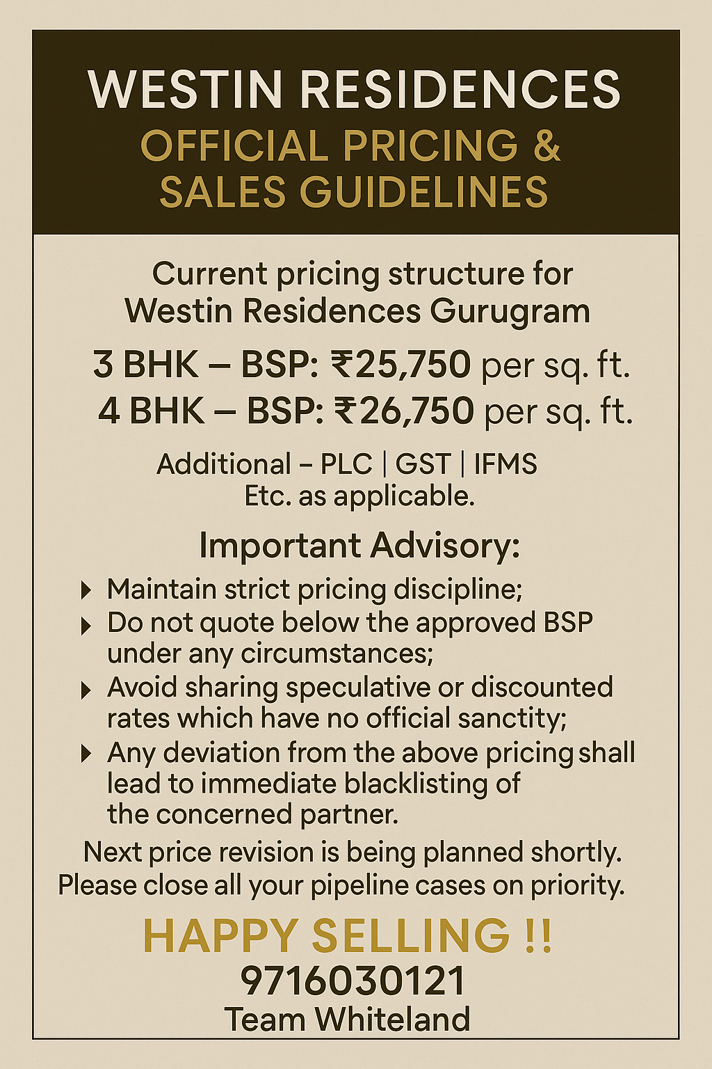 Official Pricing for Westin Residences Gurugram || Strict Pricing Advisory by Whiteland || Priority Closure for Westin Residences Update