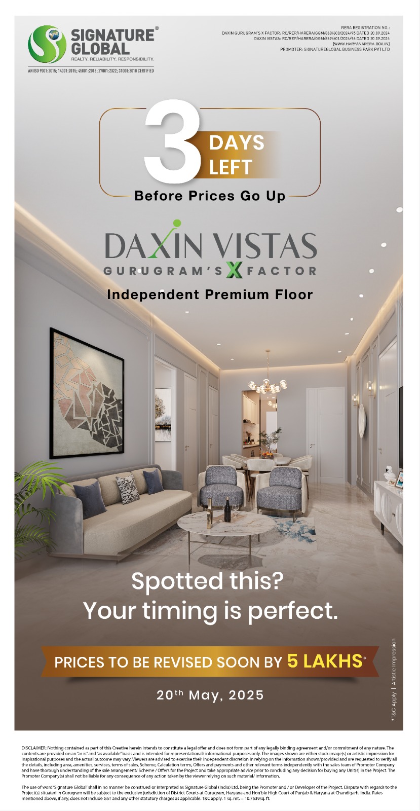 Daxin Vistas by Signature Global in Gurgaon, 3 Days Left Before Price Rise! Update