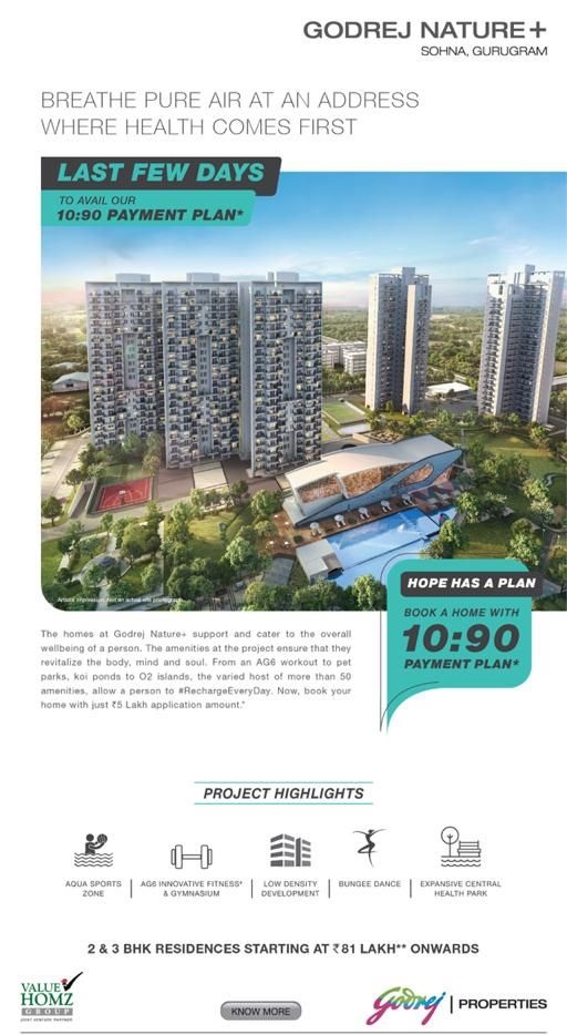 Last few days to avail our 10:90 payment plan at Godrej Nature Plus in Gurgaon Update