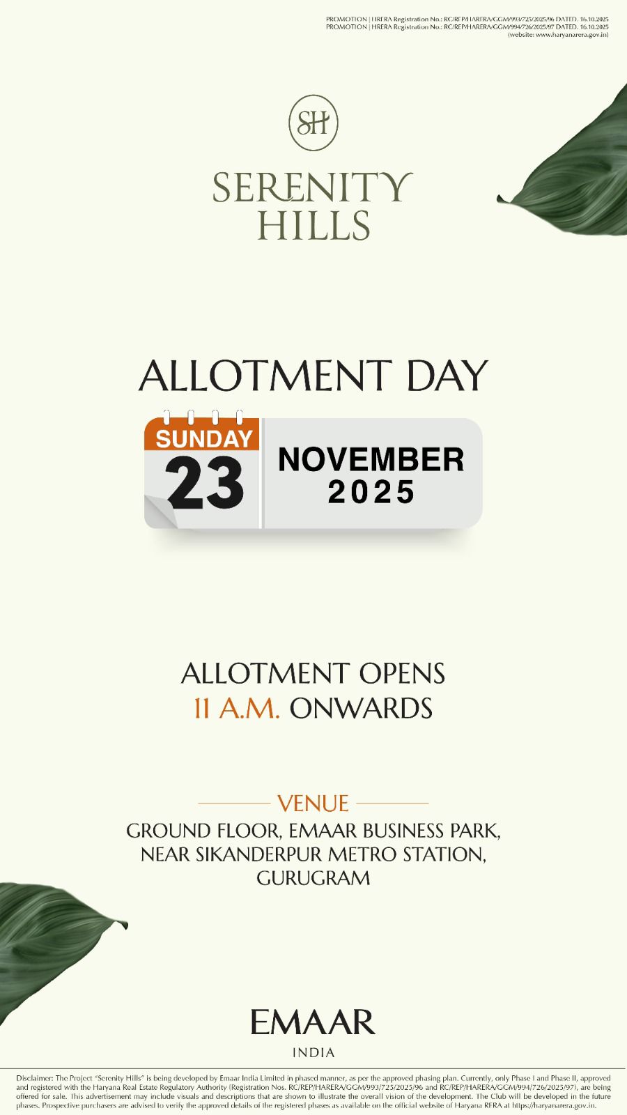 Serenity Hills Allotment Day, 23rd Nov 2025, Gurugram Update