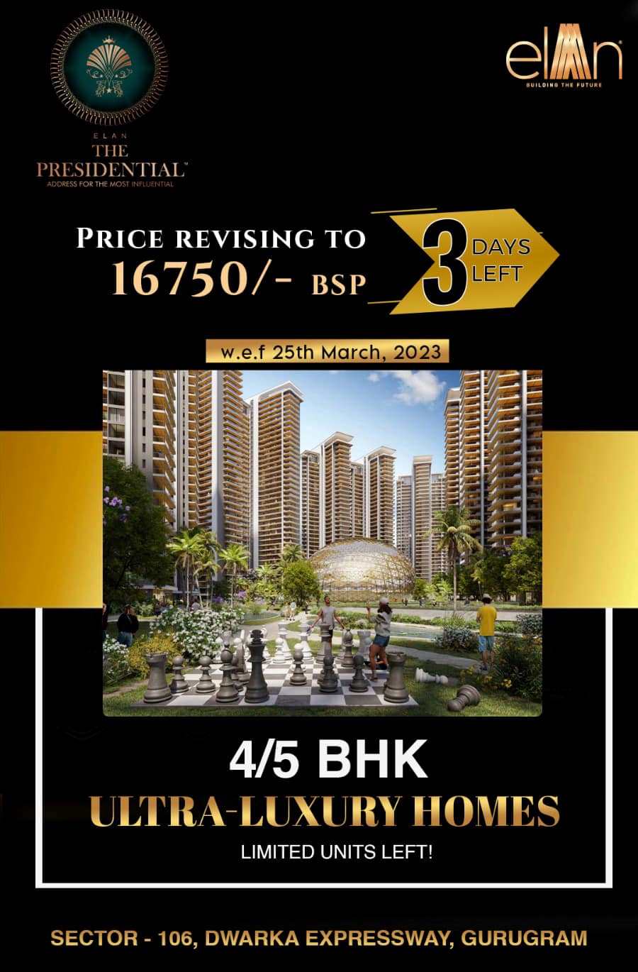 Price appreciating in 3 days to Rs 16750 BSP at Elan The Presidential in Dwarka Expressway, Gurgaon Update