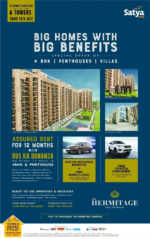Assured rental return for 12 months with Dus Ka Bonanza on ready to move 4 BHK & Penthouse at Satya The Hermitage Update