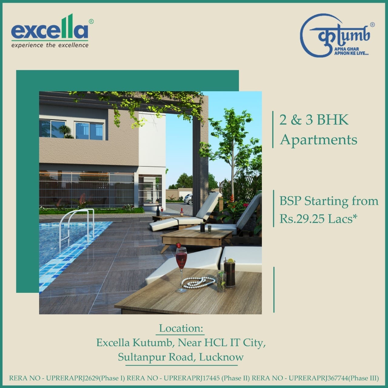 Book 2 & 3 BHK apartments BSP starting from Rs.29.25 Lac at Excella Kutumb in Gomti Nagar, Lucknow Update