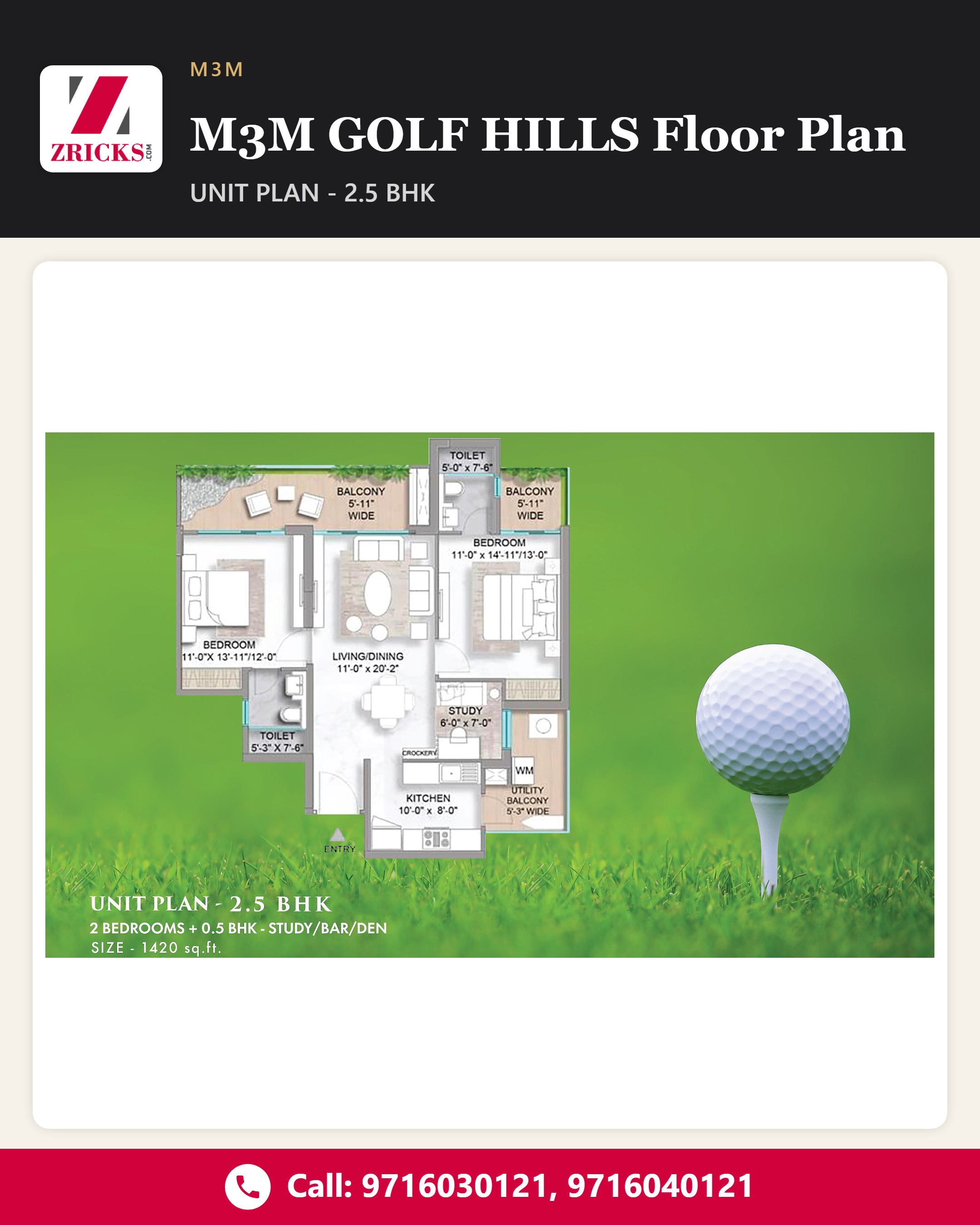 M3M GOLF HILLS Floor Plan: 2.5 BHK (1420 sq ft) With Study Update
