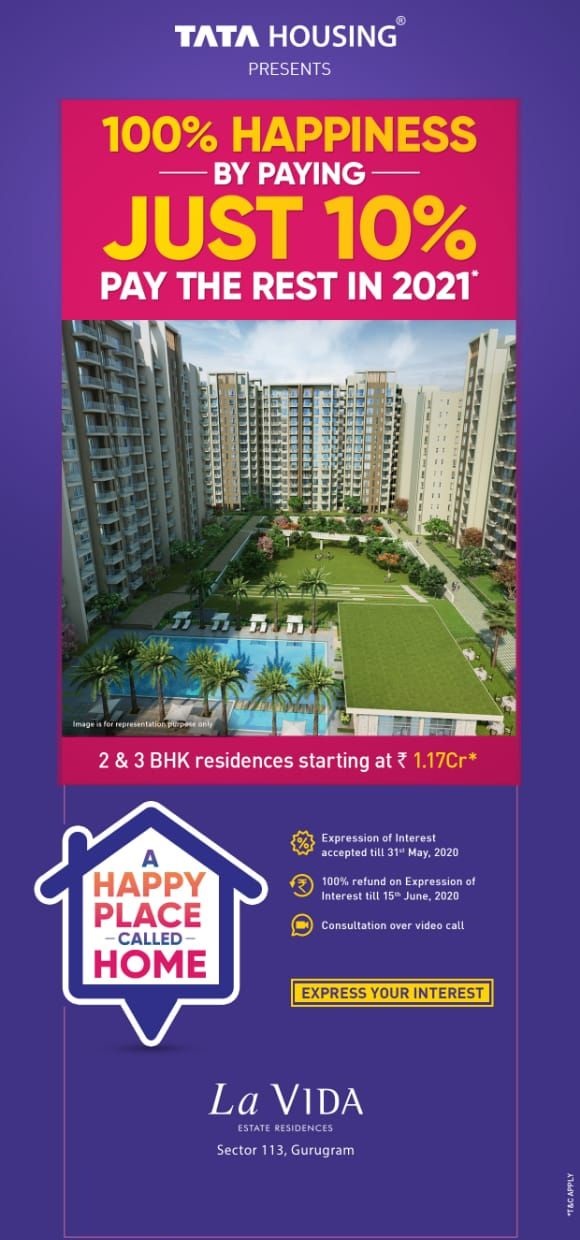 Pay just 10% now and the rest in 2021 at Tata La Vida in Gurgaon Update
