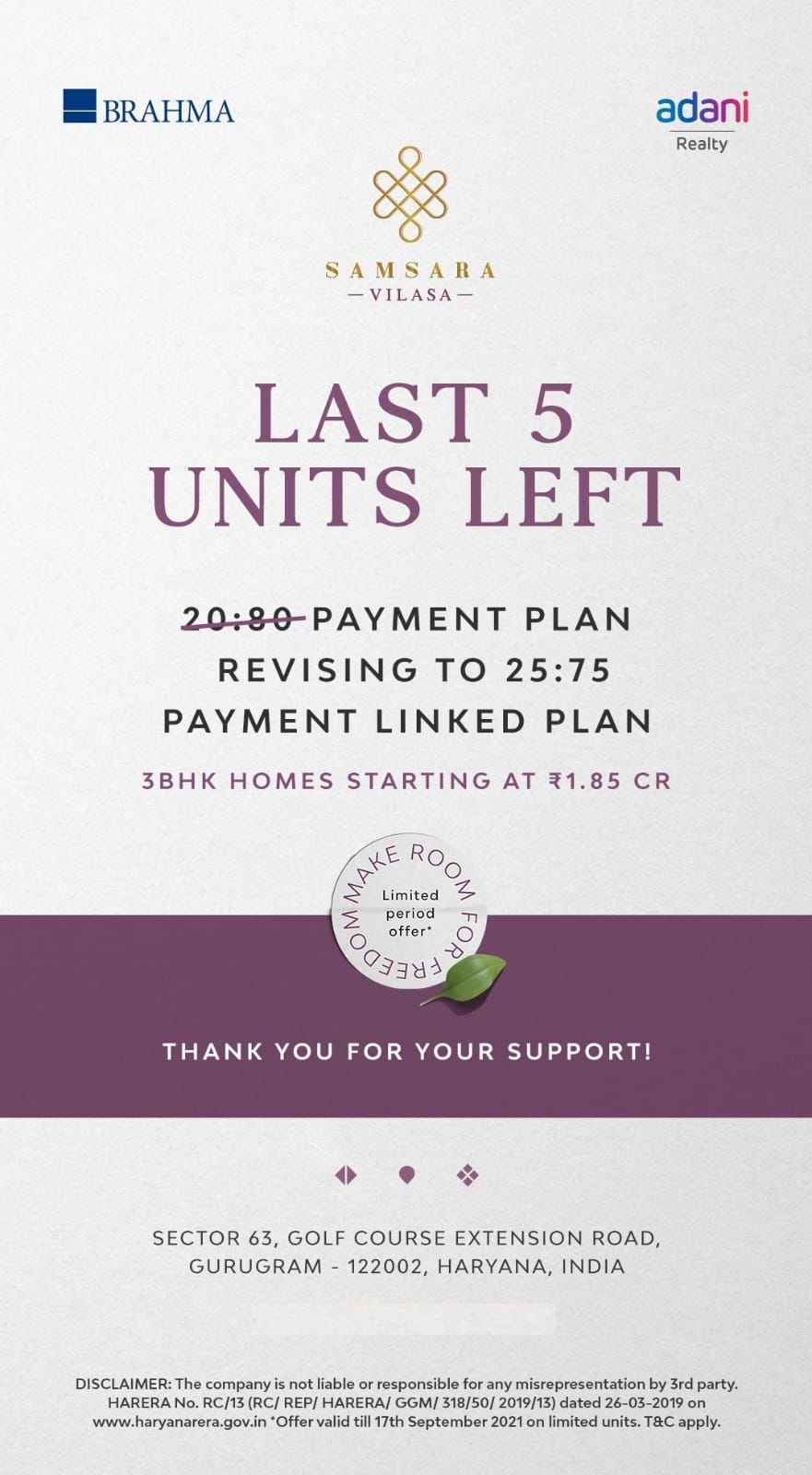 3 BHK Home starting at Rs1.85 Cr at Adani in sector 63 Gurugram Update