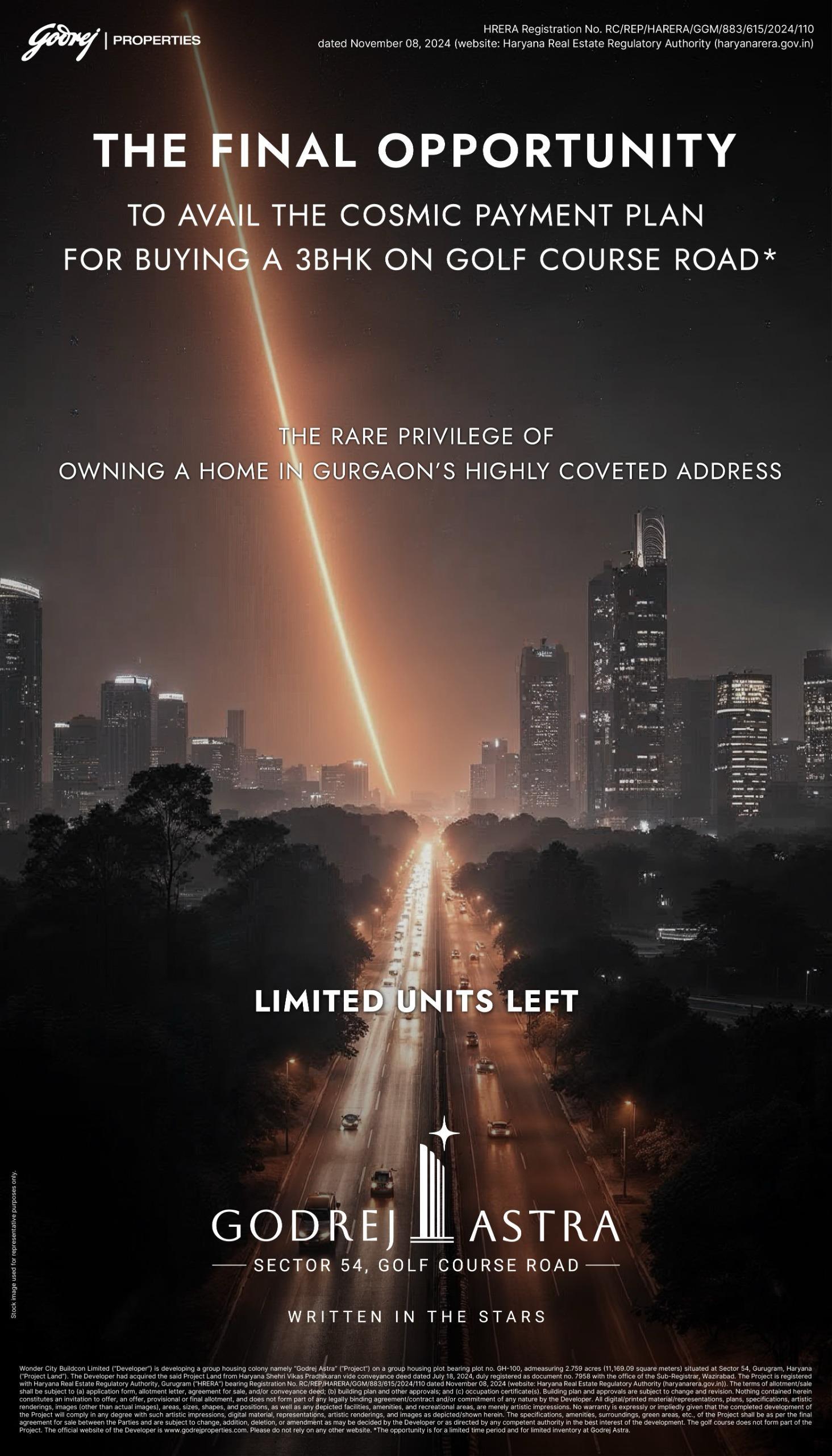 Exclusive 3BHK on Golf Course Road with Cosmic Payment Plan - Godrej Astra Update