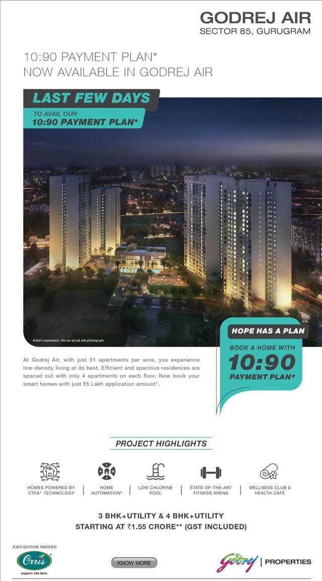 10:90 payment plan now available at Godrej Air in Gurgaon Update