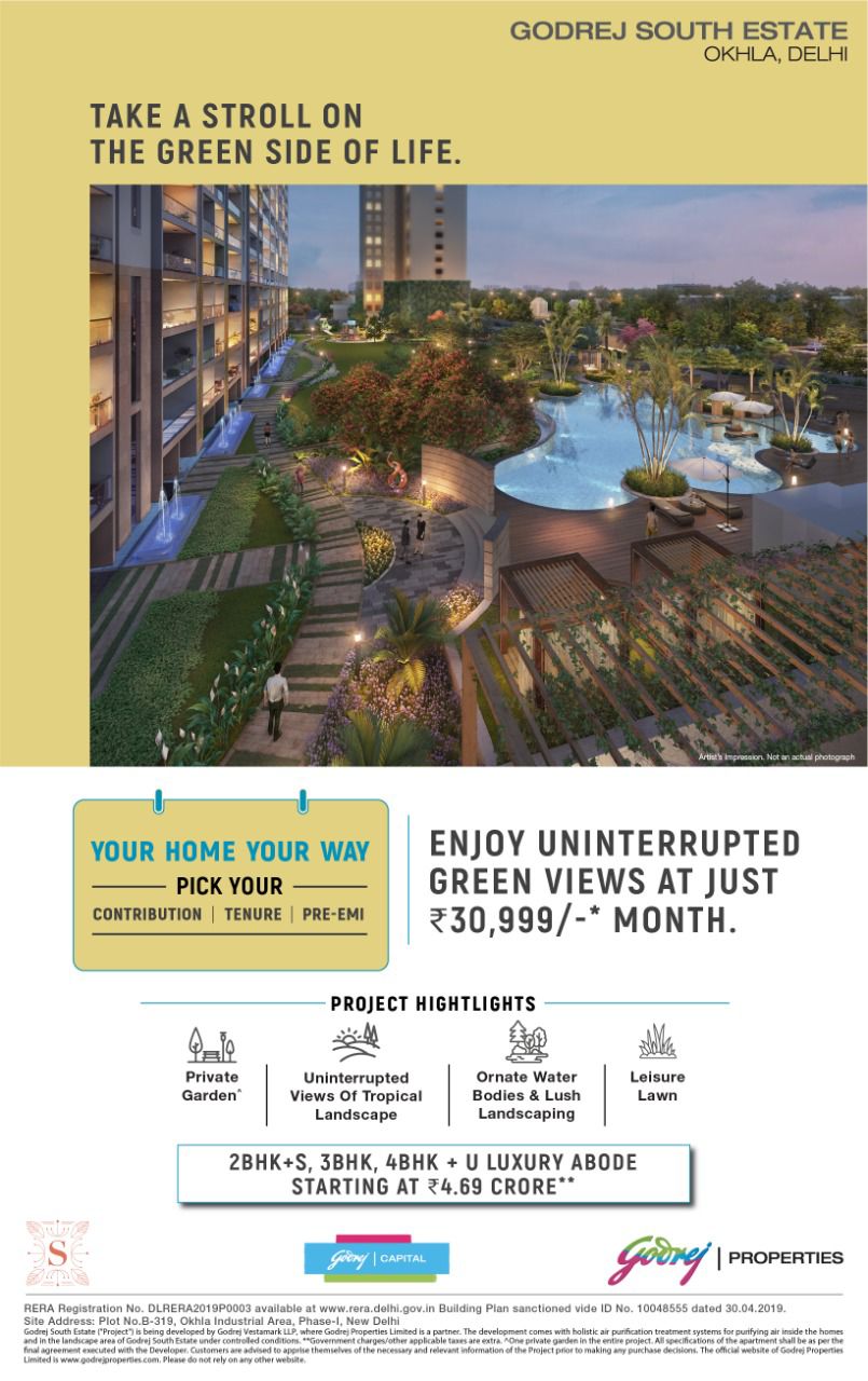 Enjoy uninterrupted green views at just Rs 30999 per month at Godrej South Estate, South Delhi Update