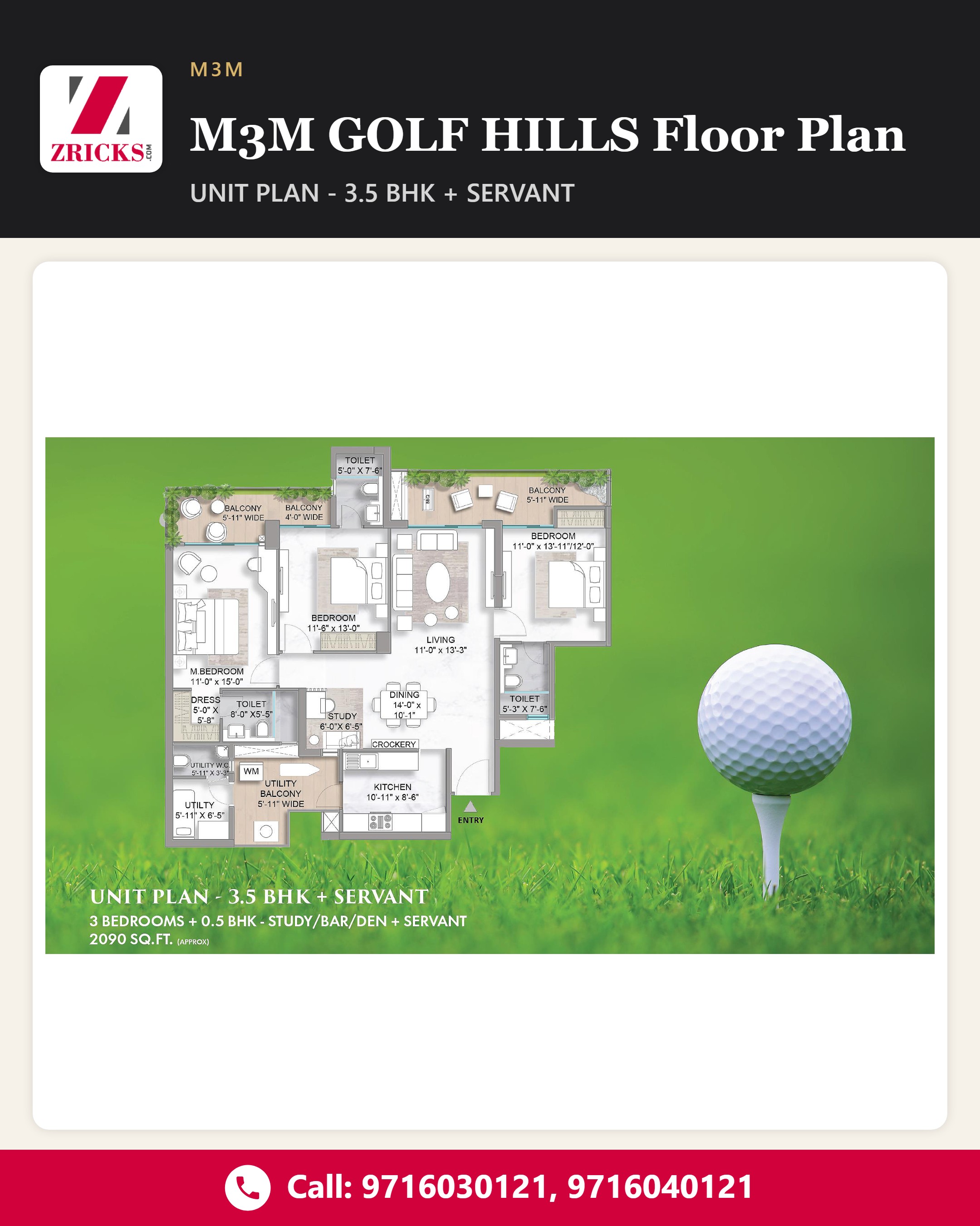 M3M GOLF HILLS Floor Plan: 3.5 BHK (2090 sq ft) With Servant Update
