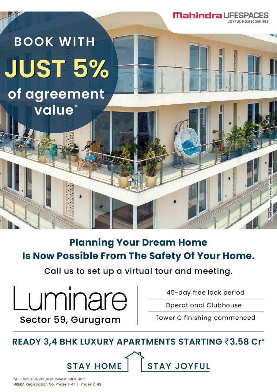 Book with just 5% of agreement value at Mahindra Luminare, Sector 59, Gurugaon Update