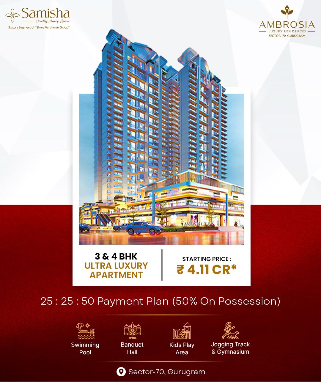 Discover Ultra Luxury at Ambrosia || New 3 & 4 BHK Starting ₹4.11 CR in Gurugram || Flexible Payment Plan: 25:25:50 Update