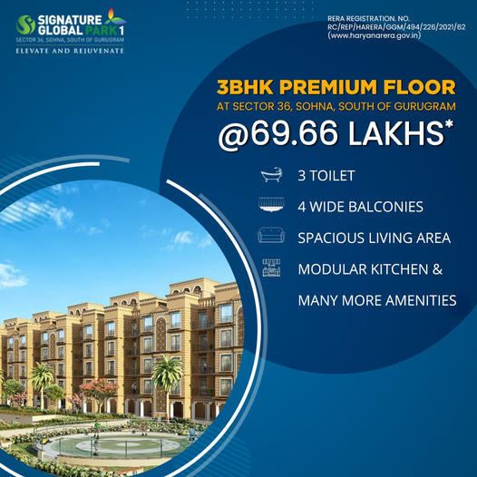 Book 3 BHK premium floor Rs 69.99 Lac at Signature Global Park 1 in sector 36, Sauth of Gurgaon Update