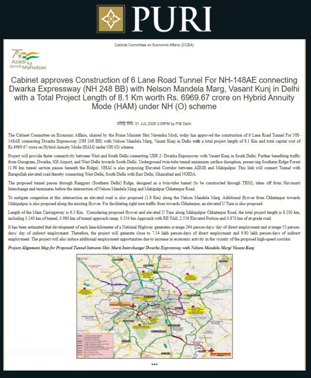 Major Road Tunnel Approved: 8.1 Km Project by Puri || Cabinet Greenlights Delhi Tunnel Project || 6 Lane Road Tunnel Approval Announced Update