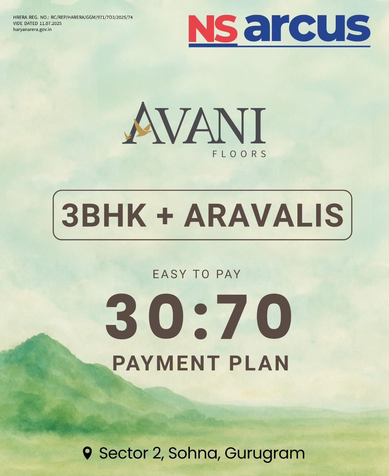Own a 3BHK in Avani Floors by NS Arcus, Sector 2, Sohna. Easy 30:70 Plan! Update