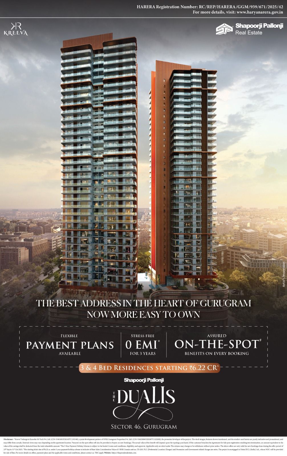 Shapoorji Pallonji The Dualis, 3 & 4 BHK Residences Starting at ₹6.22 CR, Sector 46 Gurugram Update
