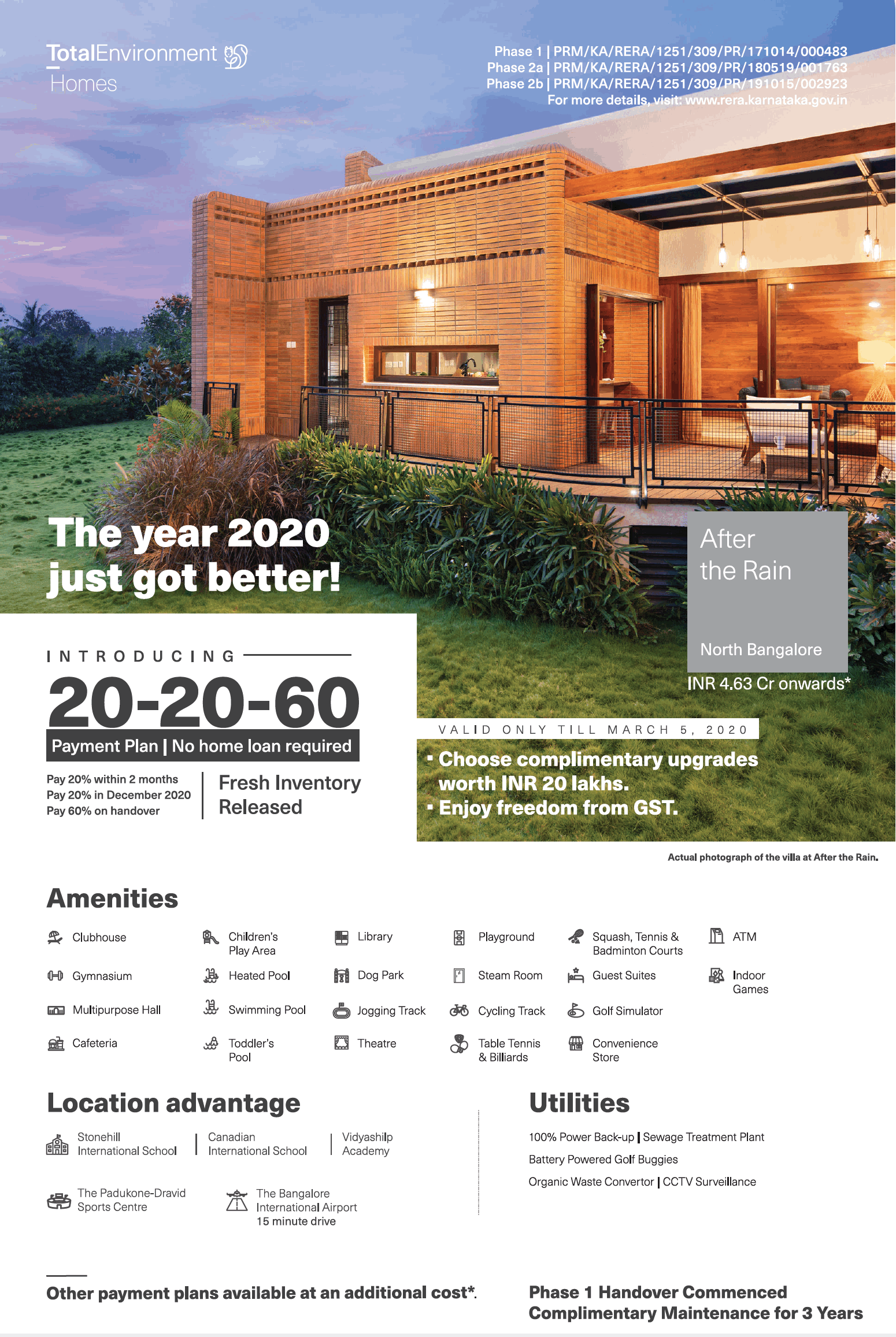 Introducing 20:20:60 payment plan at Total Environment After The Rain in Bangalore Update