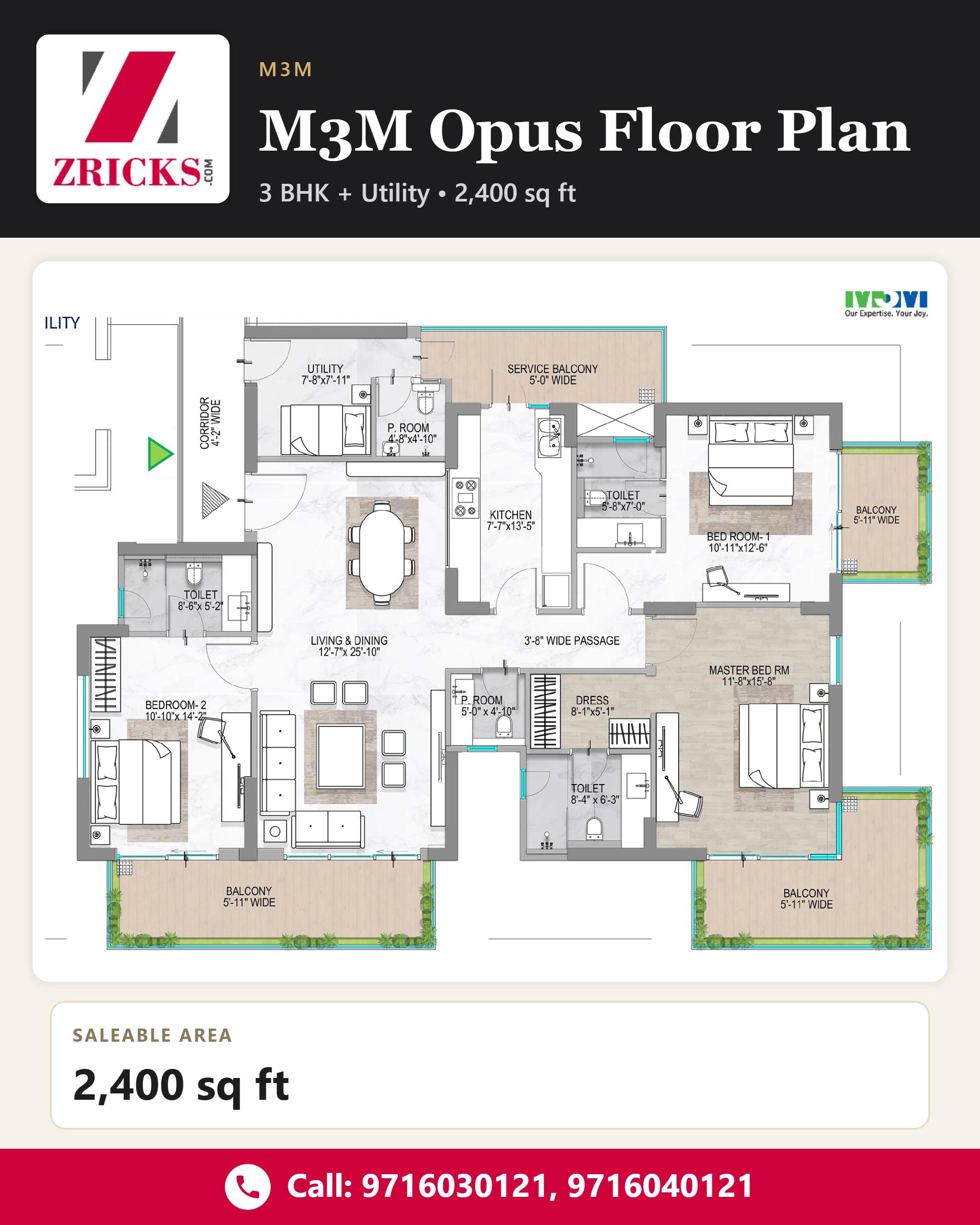 Explore the M3M Opus Floor Plan || Discover 3 BHK + Utility in M3M Opus || Spacious 2,400 sq ft Home Now Available Update