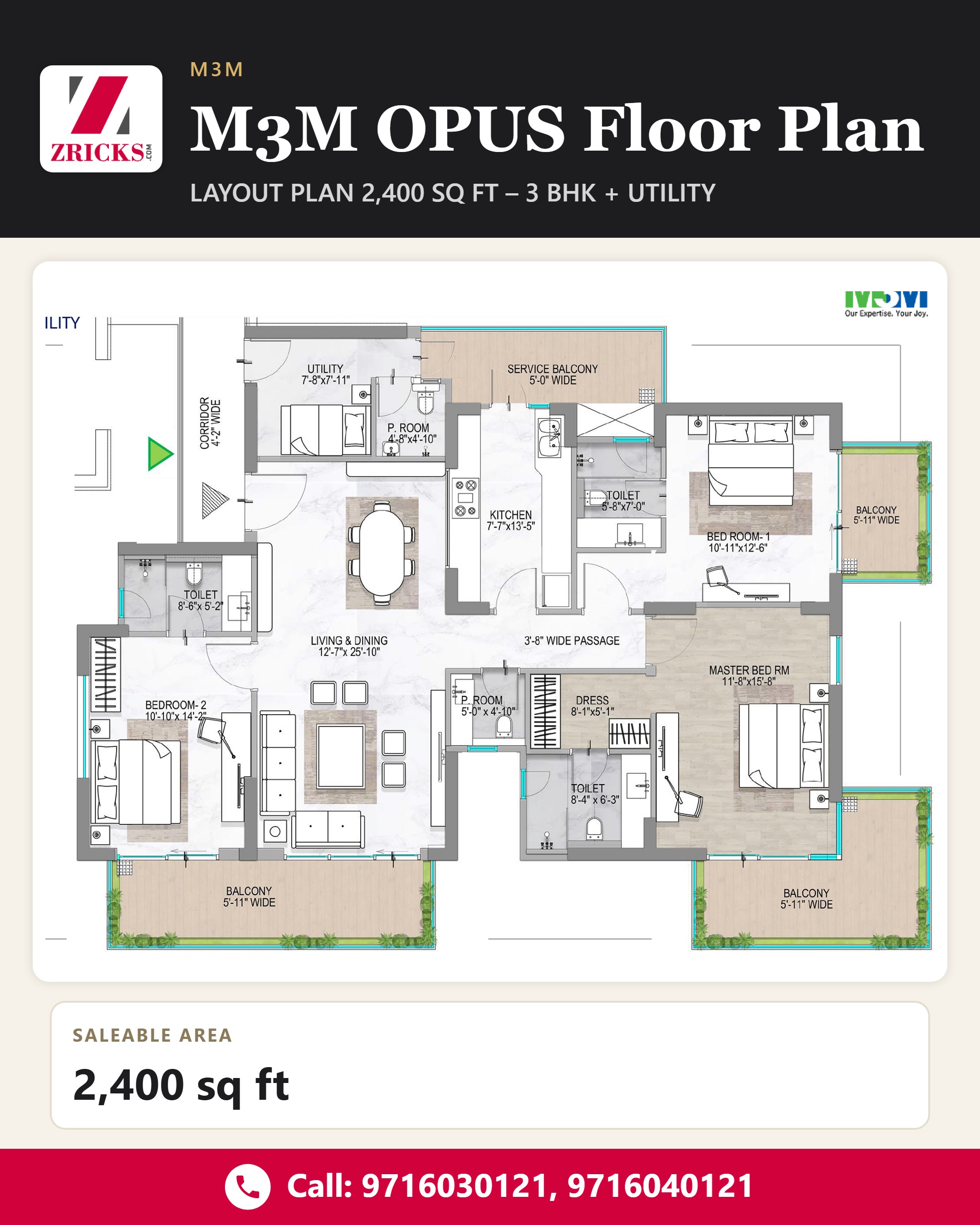 M3M OPUS Floor Plan: 3 BHK + Utility (2,400 sq ft) Update