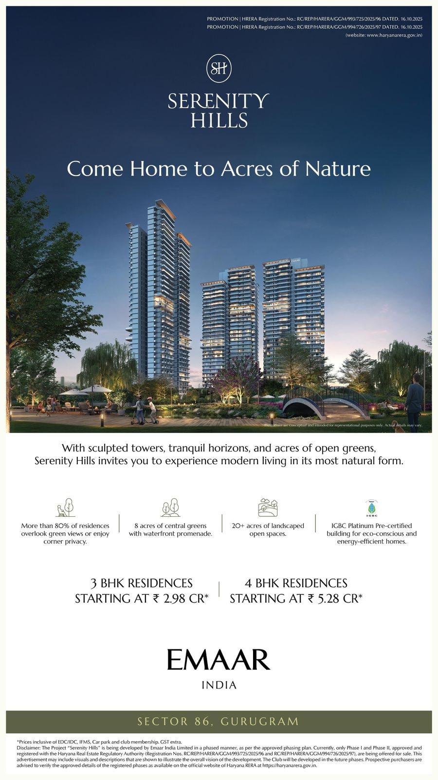 Explore Serenity Hills, Starting at ₹2.98 Cr, Emaar India, Sector 86, Gurugram Update