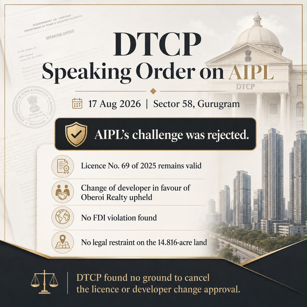 DTCP Upholds Developer Change for AIPL in Gurugram || AIPL's Challenge Overruled by DTCP || Developer Switch to Oberoi Realty Confirmed Update