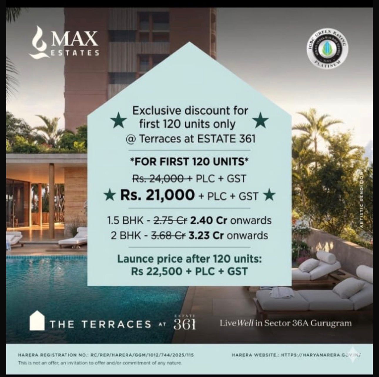 Exclusive Discount on First 120 Units at Terraces Estate 361 || Limited Time Offer for Early Birds - Max Estates || Special Pricing for Initial Buyers - Gurugram Update