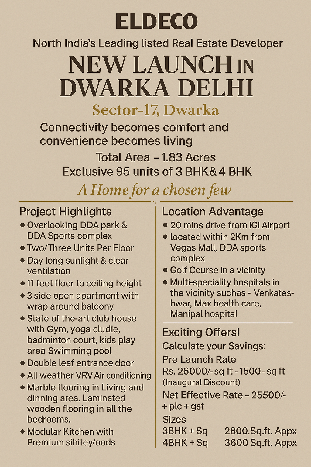 Eldeco New Launch in Dwarka Delhi, Exclusive 3 & 4 BHK, Sector 17 Update