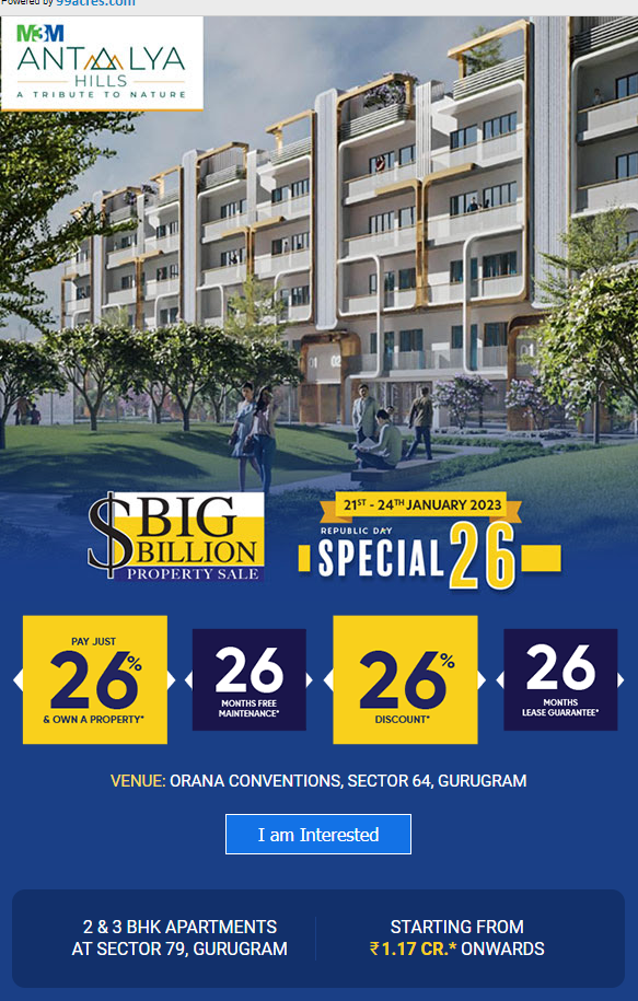New launch big offers and aravalli views independent floors at M3M Antalya Hills, Gurgaon Update
