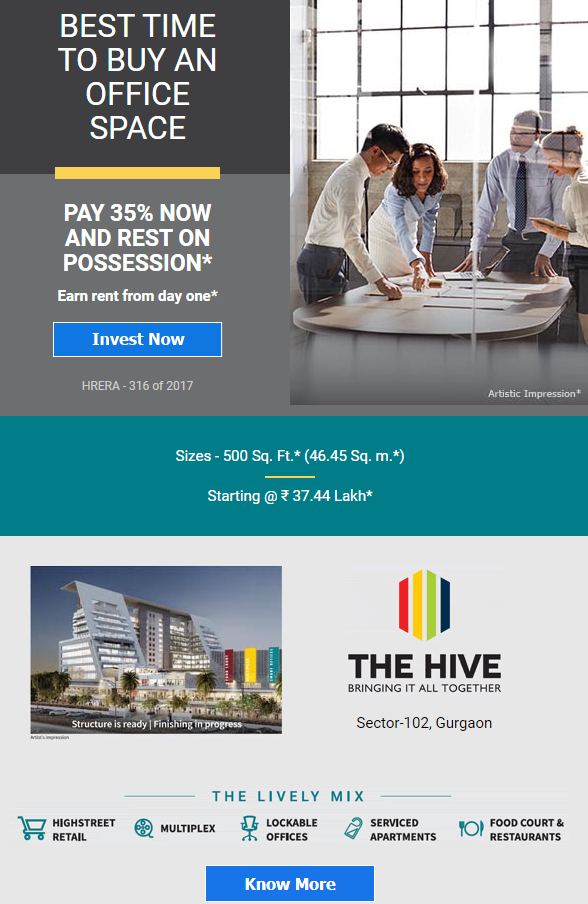 Pay 35% now and rest on possession at Satya The Hive, Gurgaon Update