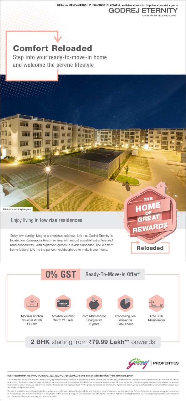 Enjoy living in low rise residences with 0% GST at Godrej Eternity in Banglore Update