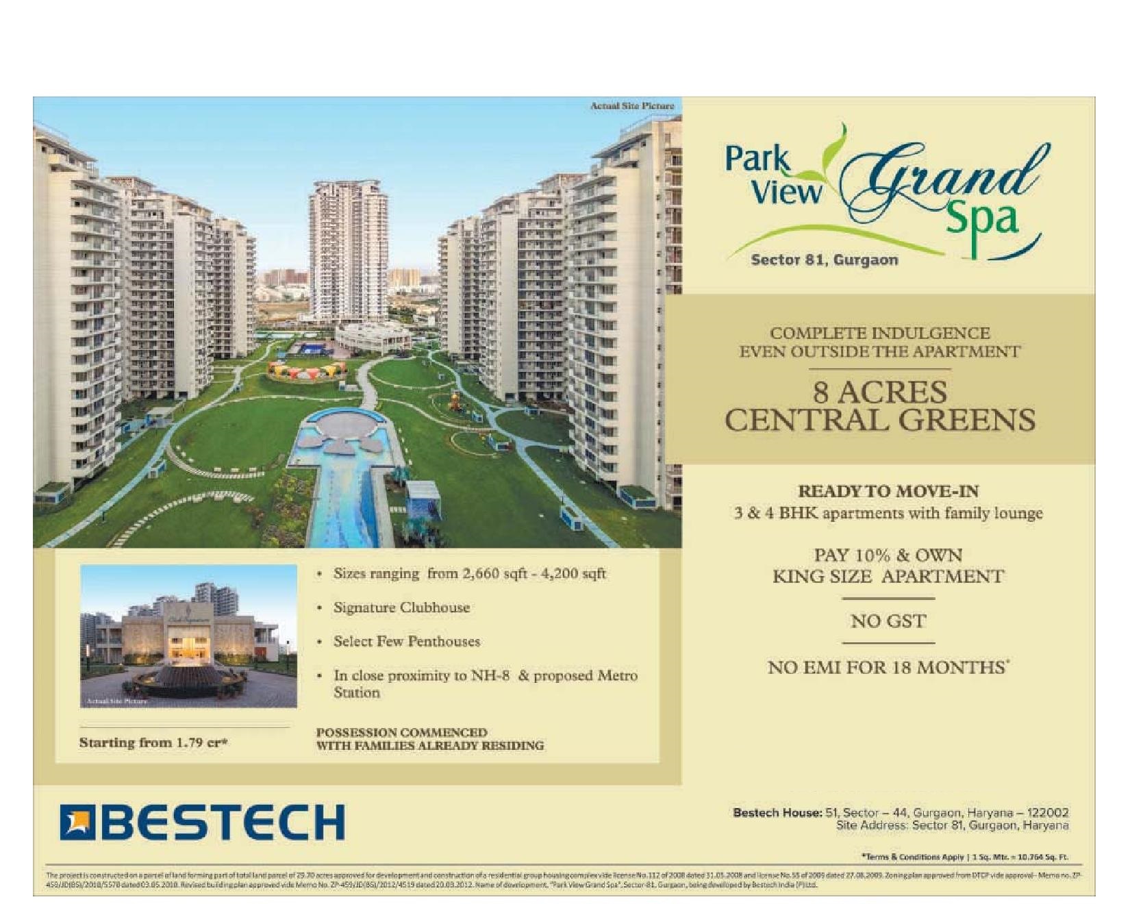 Pay just 10% & own king size apartment at Bestech Park View Grand Spa in Gurgaon Update