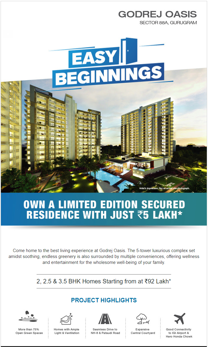Book 2, 2.5 & 3.5 bhk homes at Rs. 92 lakhs at Godrej Oasis in Gurgaon Update