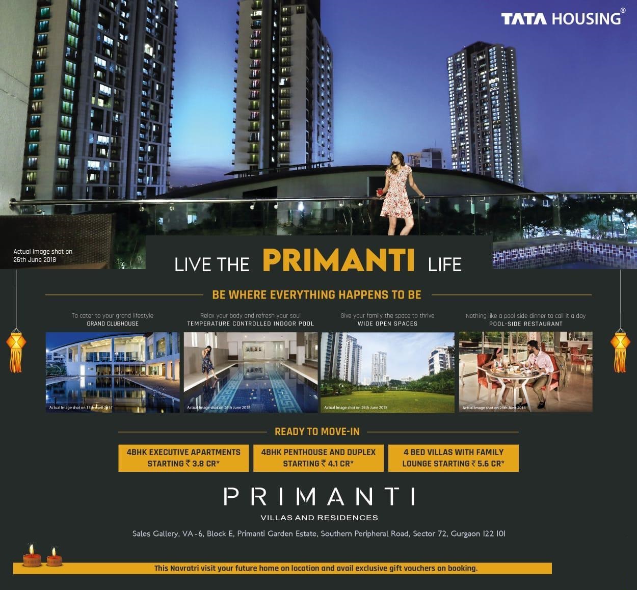 Navratri offers on 4 BHK Apartments, Penthouse and Villas at 3.8 cr at Tata Primanti, Gurgaon Update