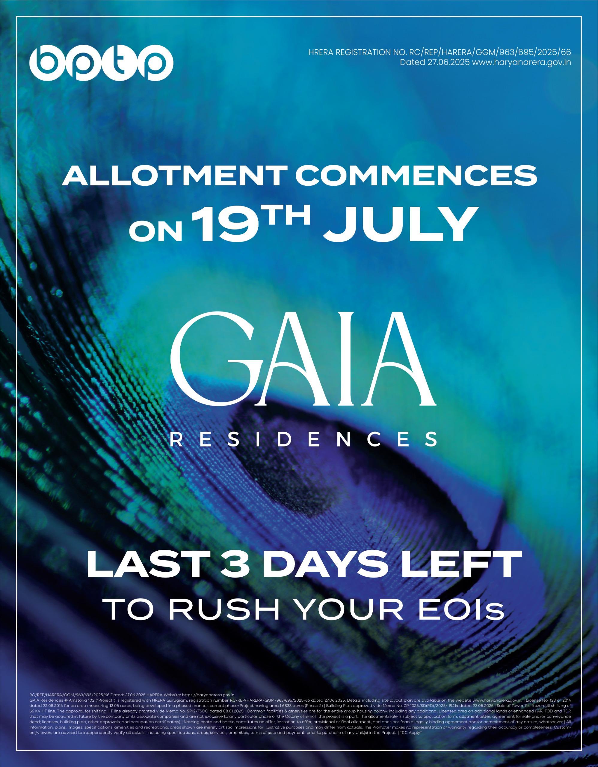 Allotment at Gaia Residences by BPTP Begins 19th July, Rush Now! Update
