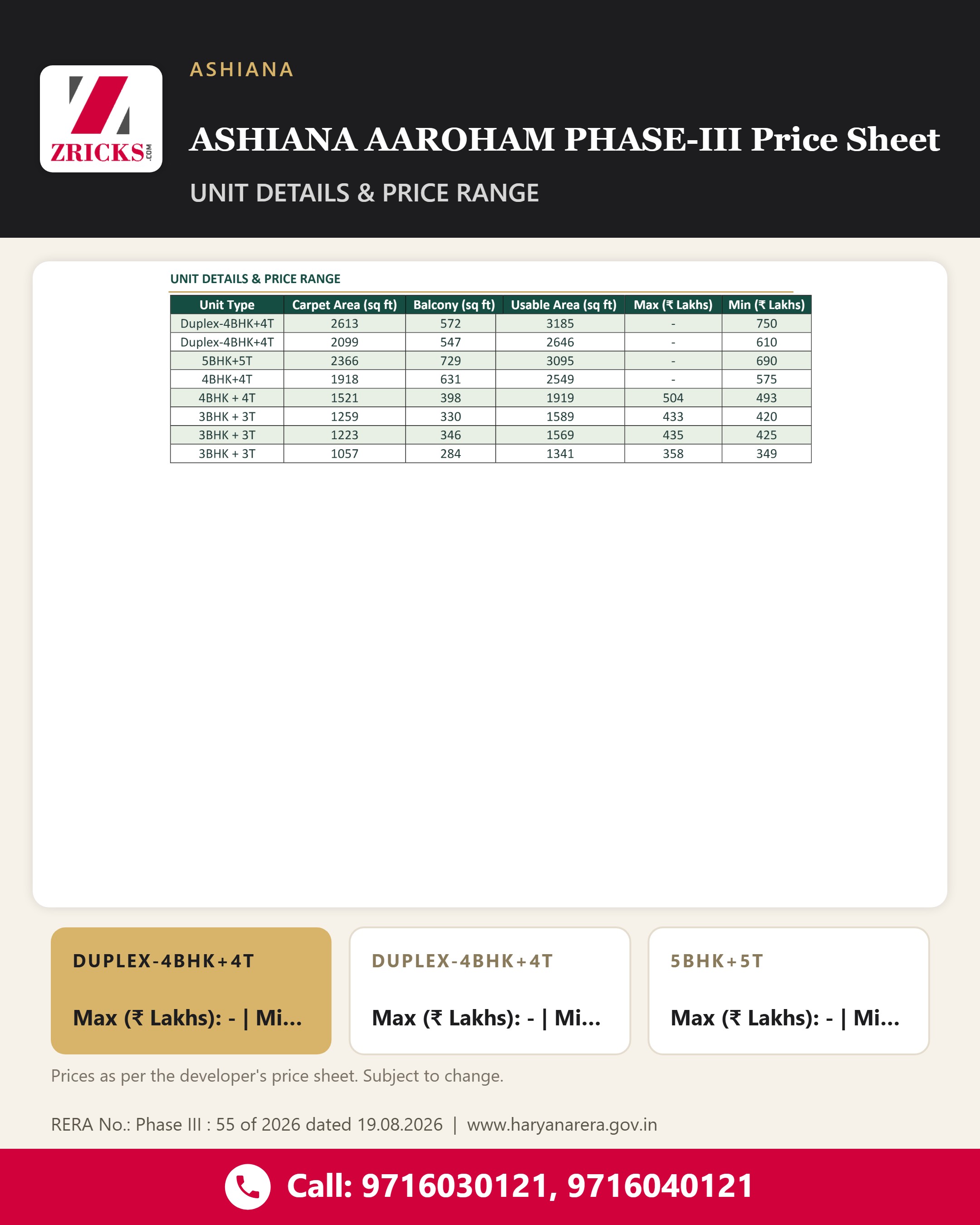 ASHIANA AAROHAM PHASE-III Price Sheet: UNIT DETAILS & PRICE RANGE Update